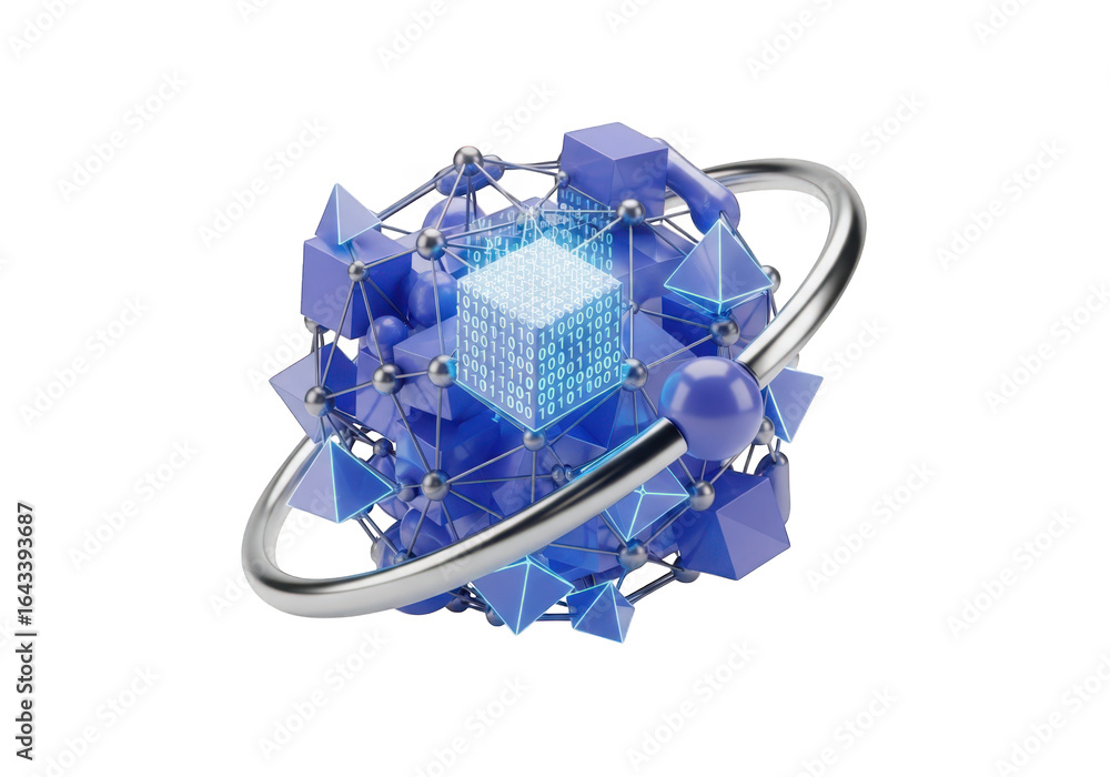 Poster 3d abstract data structure with cubes, pyramids, spheres, and binary code on transparent background,