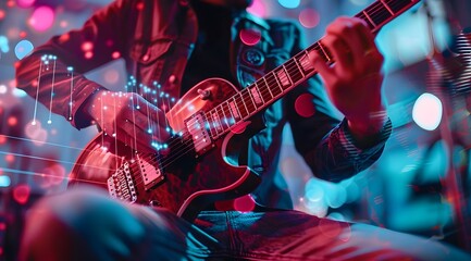 Naklejka premium Musician passionately playing electric guitar in vibrant atmosphere with colorful bokeh lights