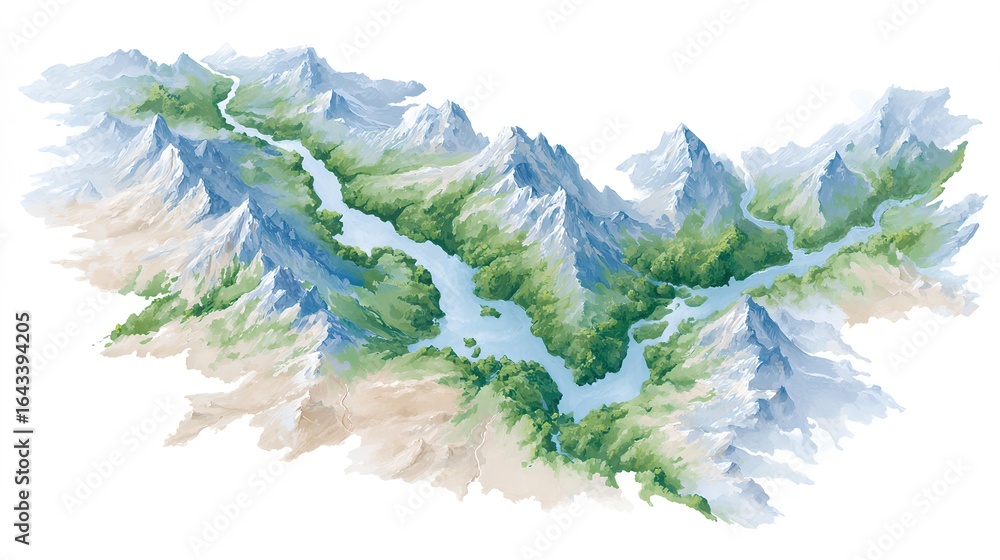 Poster mountain range with a river running through it.