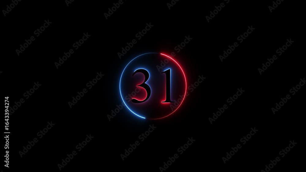 Poster number 31 neon sign style flashing. abstract glowing neon text 31 number countdown icon animation on