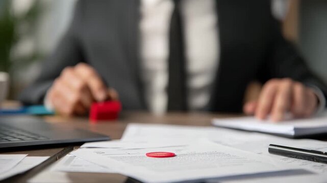 Businessman stamping official legal document on office desk for final approval