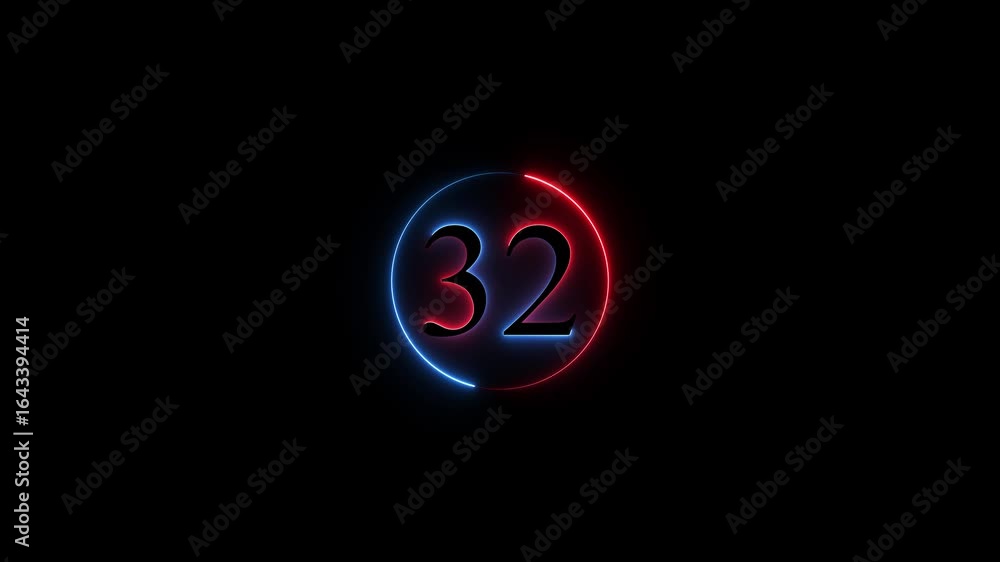 Poster number 32 neon sign style flashing. abstract glowing neon text 32 number countdown icon animation on