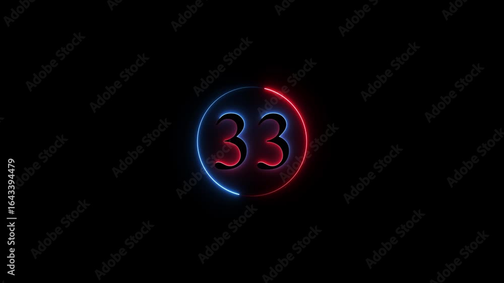 Poster number 33 neon sign style flashing. abstract glowing neon text 33 number countdown icon animation on