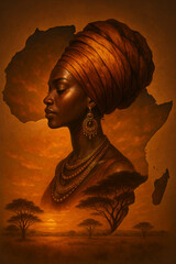 A serene beauty of an African woman adorned in traditional attire, set against a backdrop of the African continent and a tranquil savanna sunset.  