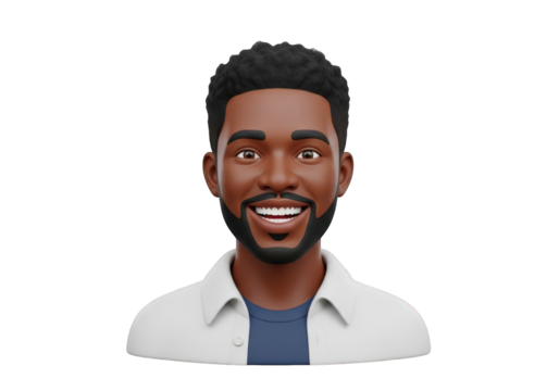 Cheerful 3D Rendering of a Smiling African American Man's Bust Against a Transparent Background, Perfect for Inclusive Digital Media