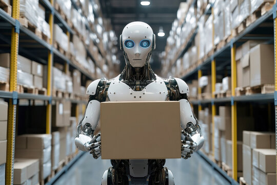 Robotic worker carrying cardboard box inside automated warehouse, representing ai-driven logistics efficiency