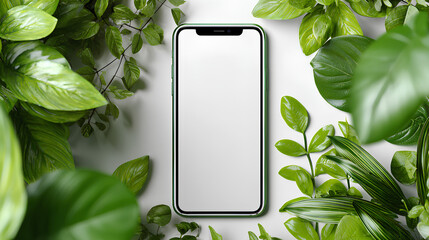 Blank smartphone mockup with green leaves and eco-friendly theme