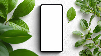 Blank smartphone mockup with green leaves and eco-friendly theme