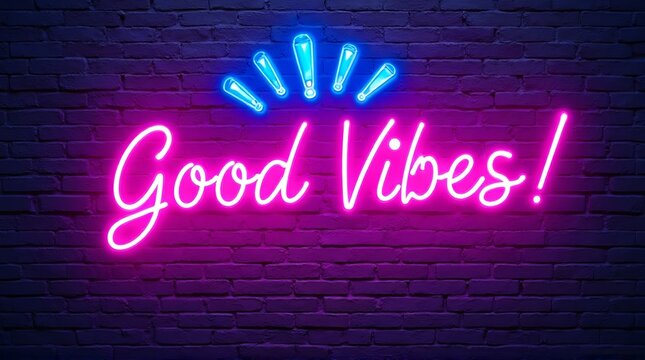 Neon sign with good vibes message and blue light rays on a dark brick wall background scene
