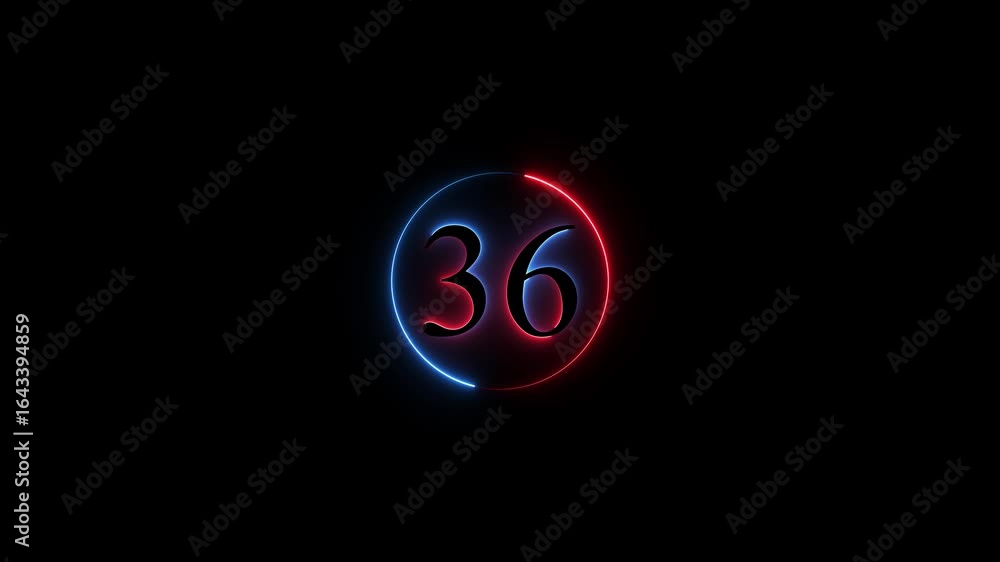 Poster number 36 neon sign style flashing. abstract glowing neon text 36 number countdown icon animation on