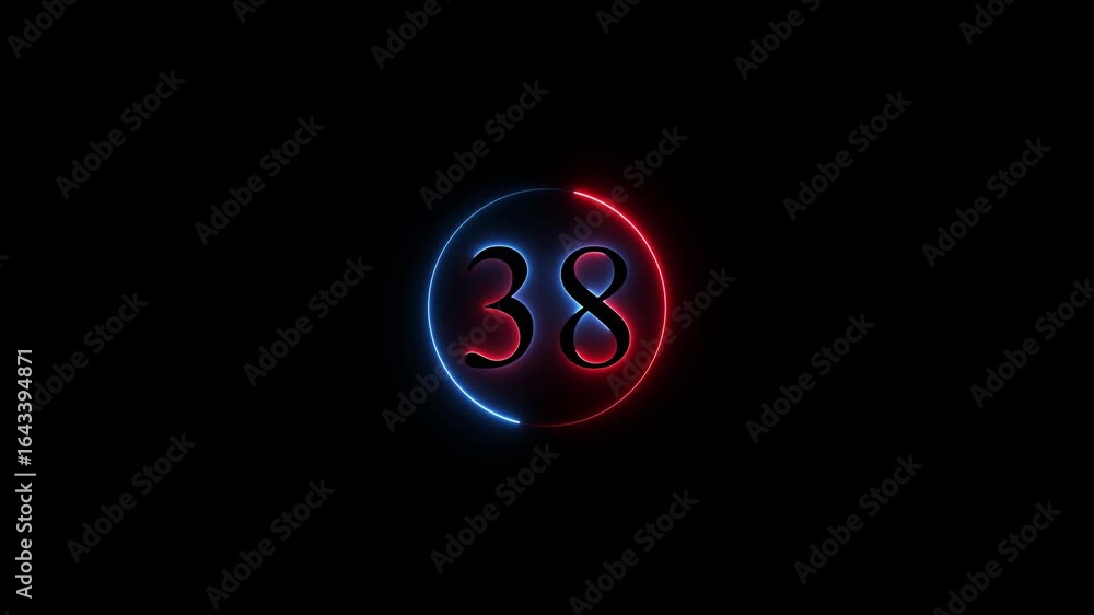 Poster number 38 neon sign style flashing. abstract glowing neon text 38 number countdown icon animation on