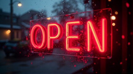 A glowing red open sign displayed on a window with raindrops on a rainy and dark night scene
