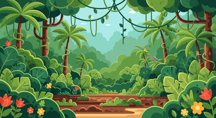 Lush green jungle canopy with exotic flowers and playful wildlife cartoon