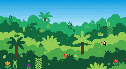 Fototapeta premium Lush Jungle Landscape with Tropical Flora and Fauna on a Bright Day