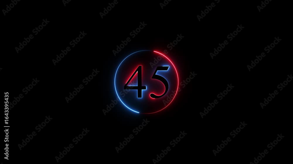 Poster number 45 neon sign style flashing. abstract glowing neon text 45 number countdown icon animation on