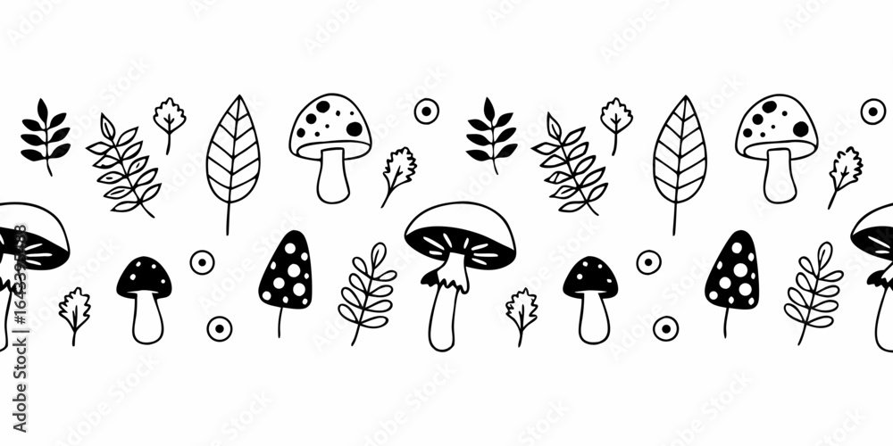 Poster black and white doodle pattern with mushrooms leaves and dots in a horizontal row seamless repetitio