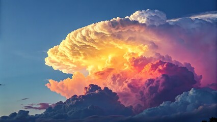 A massive cumulonimbus thunderhead cloud with a glowing anvil top illuminated by dramatic evening sunlight against a blue sky.