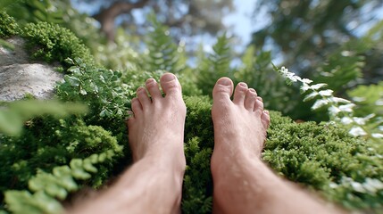 Man's feet are shown in a grassy area.
