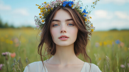 Naklejka premium Freckled teenager wearing vibrant flower crown standing amid wildflowers underneath bright summer sunlight
