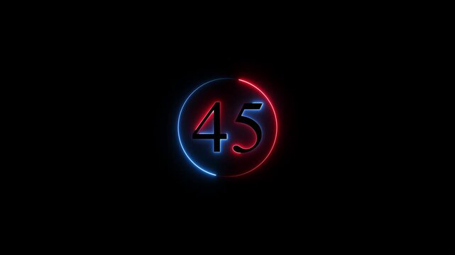 Number 45 neon sign style flashing. Abstract glowing neon text 45 number countdown icon animation on black background. Glowing neon number 45. Educational mathematics 45 animation circle .