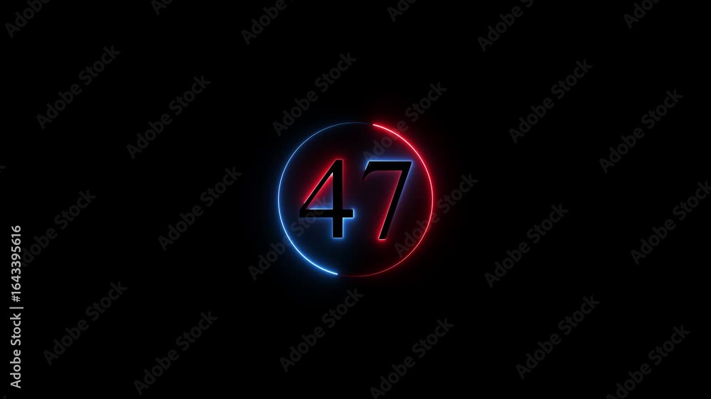 Poster number 47 neon sign style flashing. abstract glowing neon text 47 number countdown icon animation on