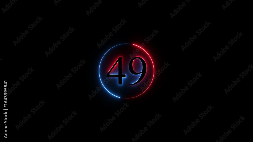 Poster number 49 neon sign style flashing. abstract glowing neon text 49 number countdown icon animation on