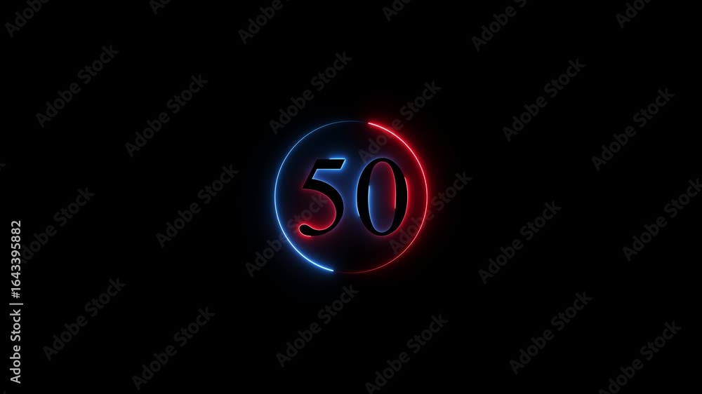 Poster number 50 neon sign style flashing. abstract glowing neon text 50 number countdown icon animation on