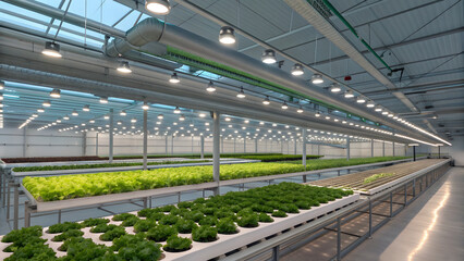Obraz premium Horizontal view of a large hydroponic greenhouse with vegetables, water systems, and LED grow lights, no people.