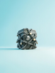 Fototapeta premium 금고, 소형 금고, 철재 금고, 가정용 금고, 컨셉, 이중장치, 절대적, 열지 못하다, 도난방지, 속담, 노심초사, 튼튼하다, 안심하다, 쇠사슬, 묶다