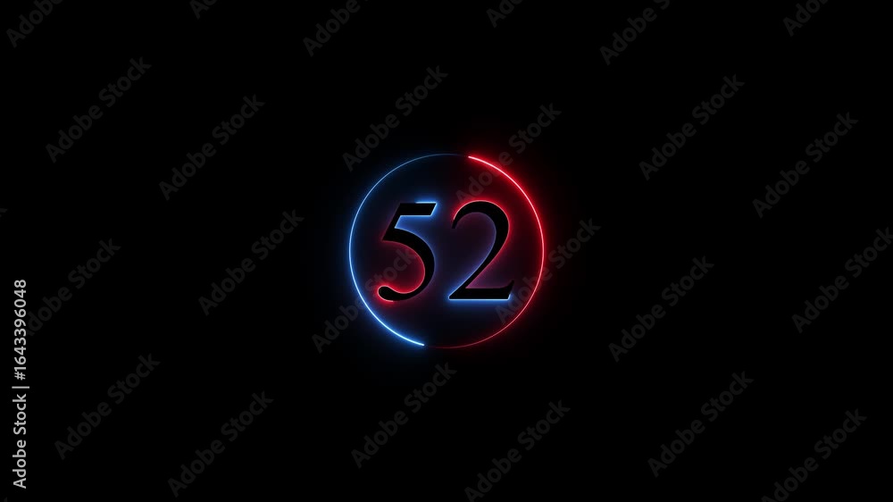 Poster number 52 neon sign style flashing. abstract glowing neon text 52 number countdown icon animation on