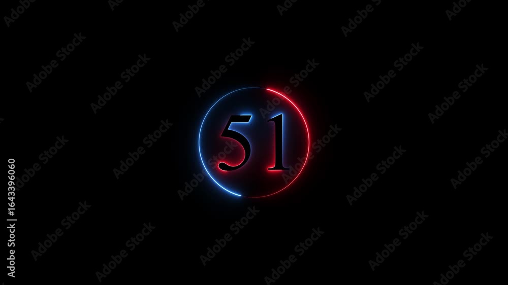 Poster number 51 neon sign style flashing. abstract glowing neon text 51 number countdown icon animation on