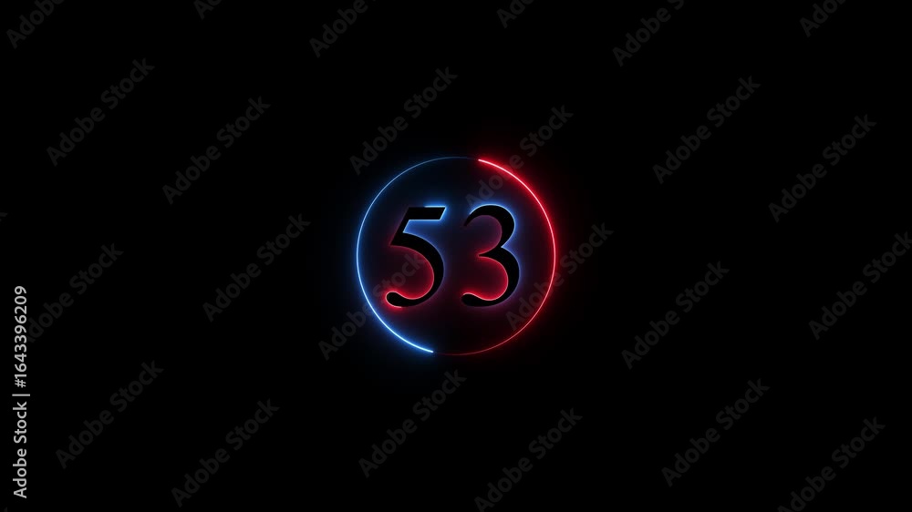 Poster number 53 neon sign style flashing. abstract glowing neon text 53 number countdown icon animation on