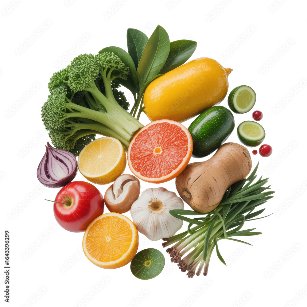 Poster a vibrant assortment of fresh produce including broccoli citrus fruits garlic and squash arranged in