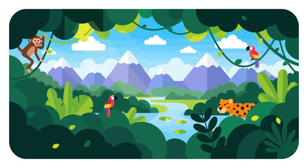 Naklejka premium Vibrant Jungle Landscape with Wildlife and Towering Mountains Graphic