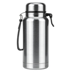 Stainless Steel Thermos Isolated On White Background: This sleek, insulated thermos, crafted from polished stainless steel, stands tall.  