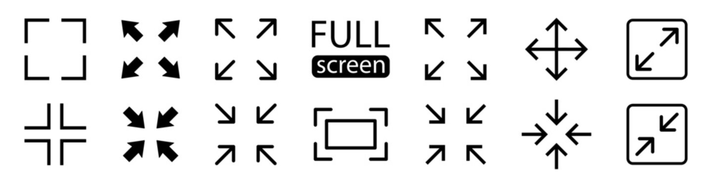 Full screen vector black icons. Set of full screen and exit full screen icon. Arrow mark icons. Scalability icons in flat style for web site, UI, mobile app. Vector illustration