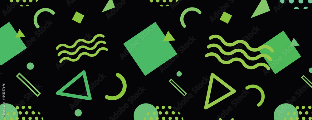 Poster retro geometric background with a black background featuring green shapes. the green color adds a vi