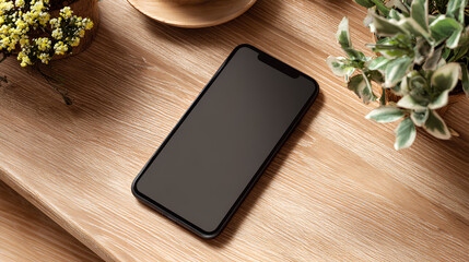 a blank mobile phone mockup lying flat on a wooden table top