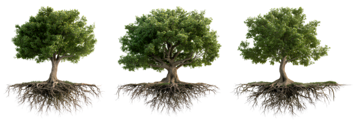 3D trees with roots isolated on white background