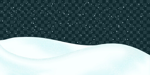 Snowdrifts. Winter realistic landscape. Sparkling fluffy white snowy hills. Realistic 3d vector on transparent background.