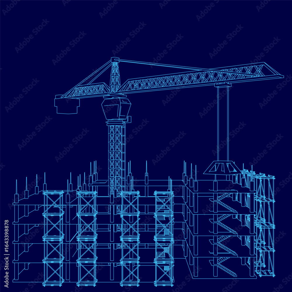 Poster blueprint of a modern building under construction with visible structural details and a towering cra