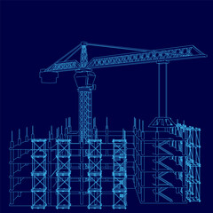 Blueprint of a modern building under construction with visible structural details and a towering crane in the background. The deep blue background enhances the urban contour and cityscape theme.