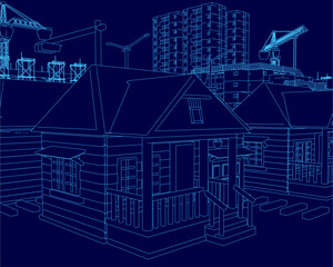 A detailed blueprint of a house under construction features cranes in the background against a dark blue city skyline. The architectural contour lines highlight the design structure.