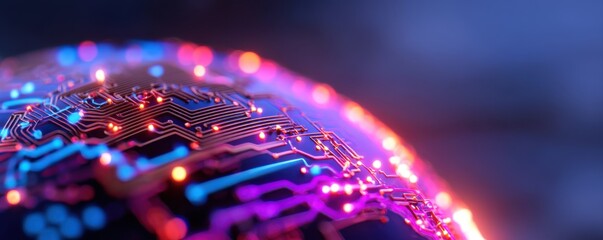 Vibrant digital globe with circuit patterns and colorful lights.