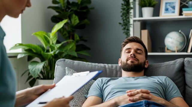 A man lies with his eyes closed on a couch during a therapy session with a female psychologist, representing mental health care, counseling, and the process of hypnotherapy