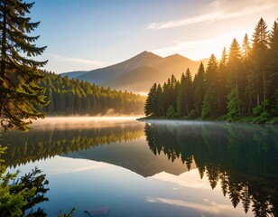 Mountain lake at sunrise with misty reflections and pine forest