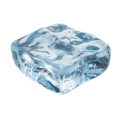 Fototapeta premium Single clear blue ice cube with realistic texture, isolated on white background for beverage or cooling product visuals. 