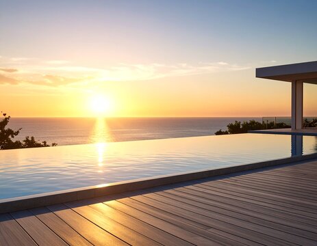 Infinity pool blending with ocean horizon during a golden tropical sunset - Powered by Adobe