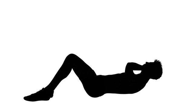 3D render : a silhouette male character performs sit-up exercise with the isolated white background, Side View