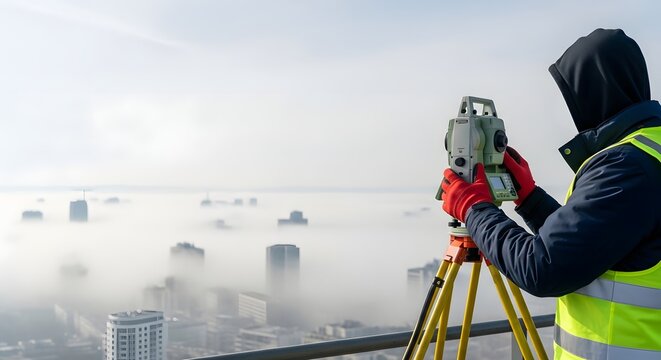 A surveyor in a hooded jacket uses a theodolite to measure and survey a city shrouded in fog.